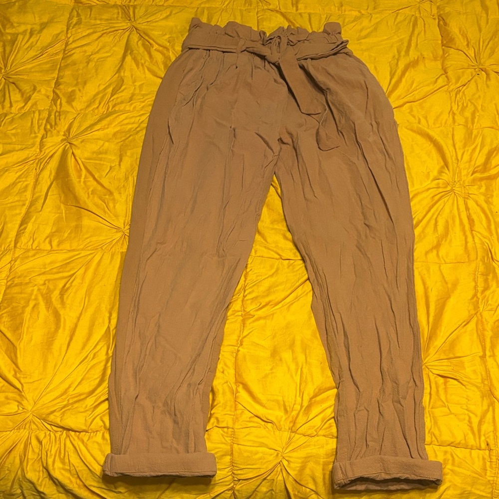 FAVLUX Women's Tan Trousers with Tie Waist